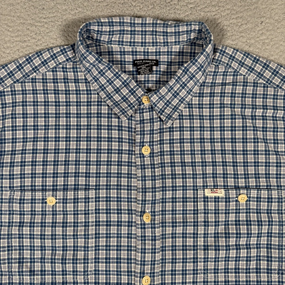 Polo Jeans Ralph Lauren Shirt Mens XXL Blue Plaid Button Up Vintage Preppy Logo